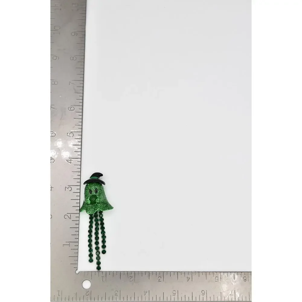 Betsey Johnson Green Ghost Witch Pin Brooch Halloween Green Crystal Glitter NWT